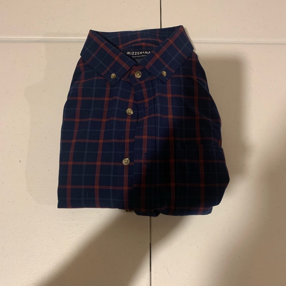 Mizzen Main Men’s Size L Plaid Button Down Long Sleeve Shirt Polyester Rayon